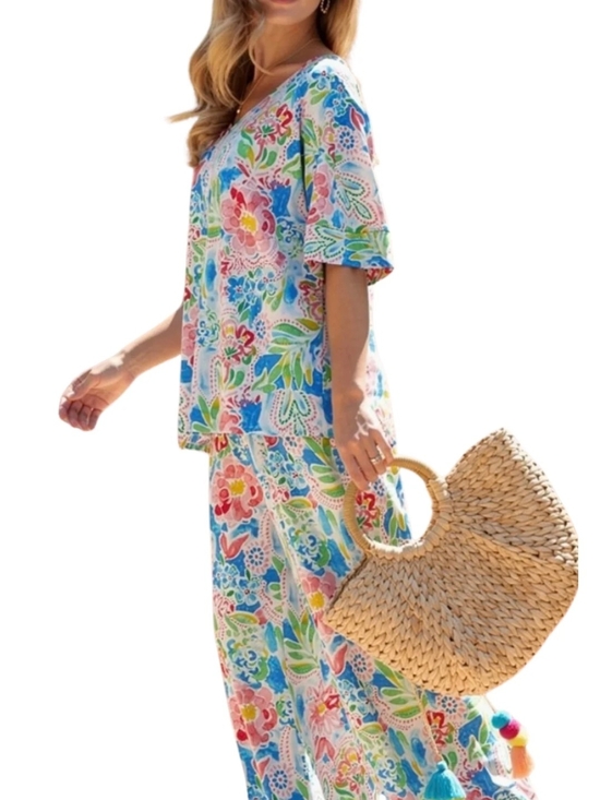 Dear Scarlett Pants - Floral V-Neck Two-Piece Set in Multi Pastels